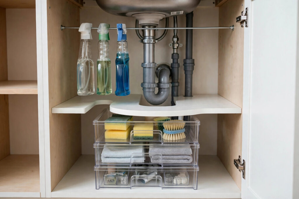 Under-sink cabinet with a tension rod holding spray bottles and clear stackable drawers fitted around the pipes
