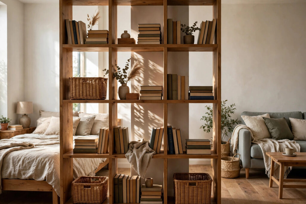 Open bookshelf dividing sleeping and living zones in a studio apartment layout
