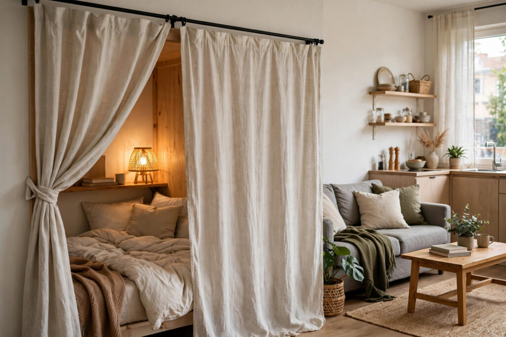 Studio apartment sleeping nook closed off with a linen curtain on a rod, lamp glowing inside