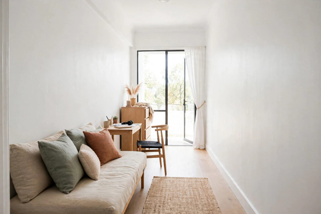 Narrow studio apartment with a daybed, desk, and dresser lined along one wall