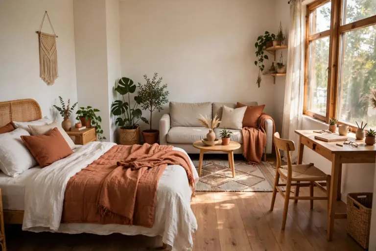 Studio apartment layout with separate sleeping, living, and working zones in one open room