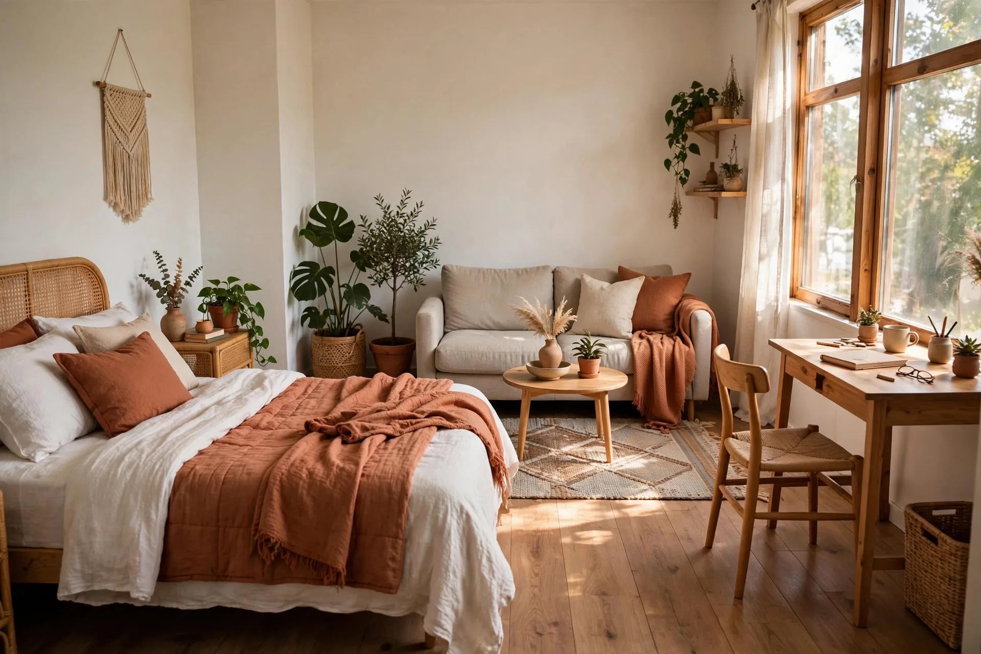 Studio apartment layout with separate sleeping, living, and working zones in one open room
