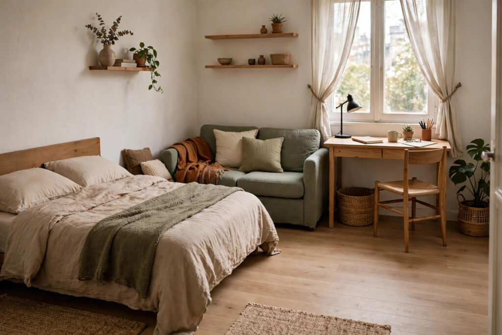 L-shaped studio apartment layout with bed along one wall and sofa and desk along the other