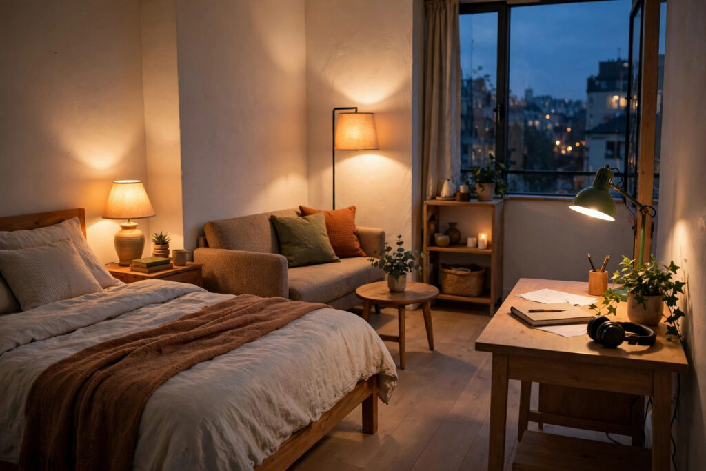 Studio apartment at dusk with a separate lamp glowing in the sleeping, living, and working zones