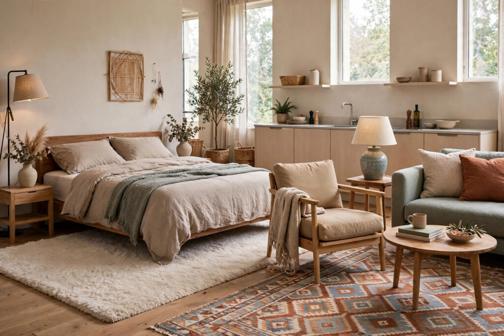 Open studio apartment with two different rugs defining the sleeping zone and the living zone