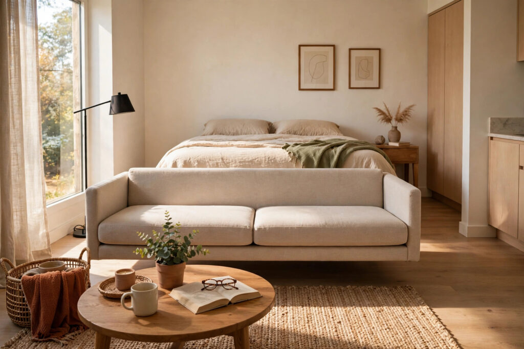 Sofa floated with its back to the bed to divide a studio apartment into zones