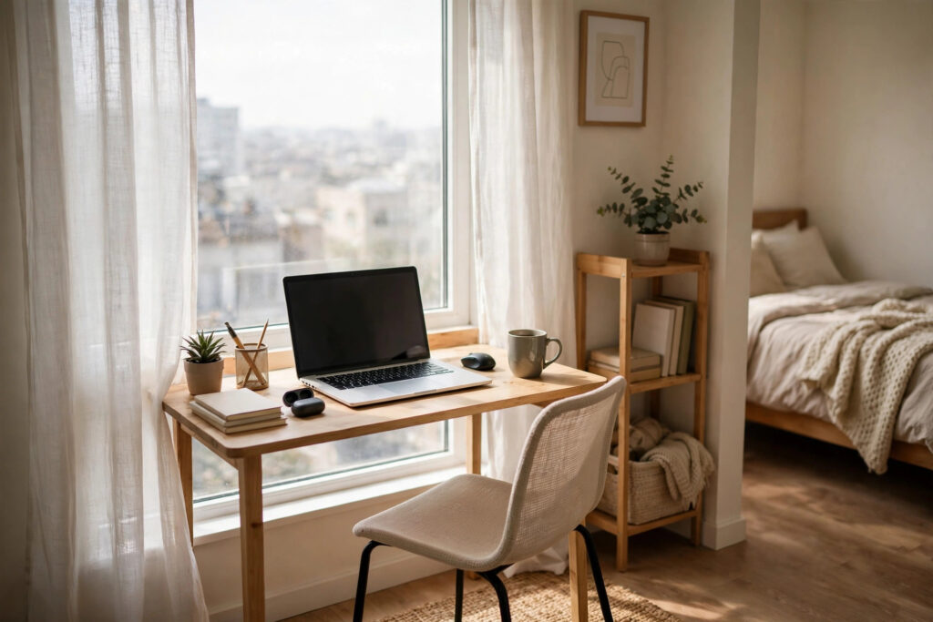 Compact desk work zone in front of a window in a studio apartment, bed in the far corner